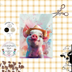 Decoupage Whimsical Farm Pig with Hat on Farm  Tissue Paper
