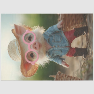 Decoupage Whimsical Farm Piglet in Straw Hat Tissue Paper