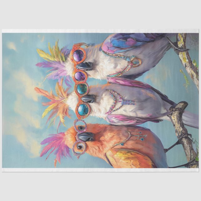 Decoupage Whimsical Fashionably Dressed Cockatoos  Tissue Paper (Front)