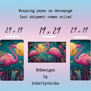 Decoupage Whimsical Flamingo Moon Teal Pinks Wrapping Paper Sheets