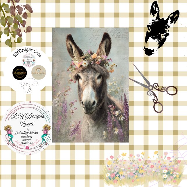 Decoupage Whimsical Floral Donkey Farm Scene Tissue Paper (Creator Uploaded)