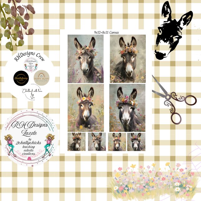 Decoupage Whimsical Floral Donkey Rustic Artwork Tissue Paper (Creator Uploaded)
