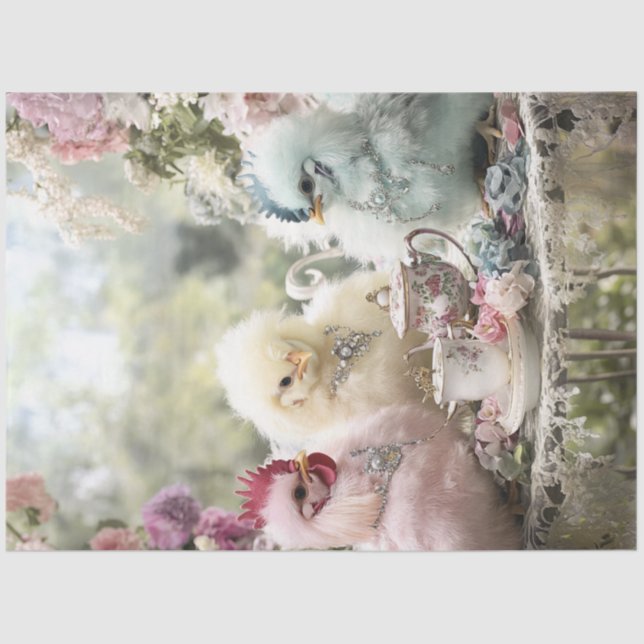 Decoupage Whimsical Fluffy Colorful Chickens Party Tissue Paper (Front)