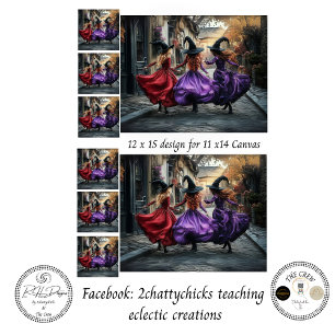 Decoupage Whimsical Halloween Witches 11x14 Canvas Tissue Paper