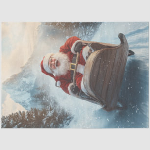 Decoupage Whimsical Happy Santa Sledding in Snow Tissue Paper