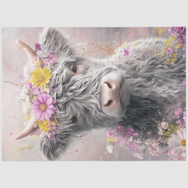 Decoupage Whimsical Highland Cow Floral Crown  Tissue Paper (Front)