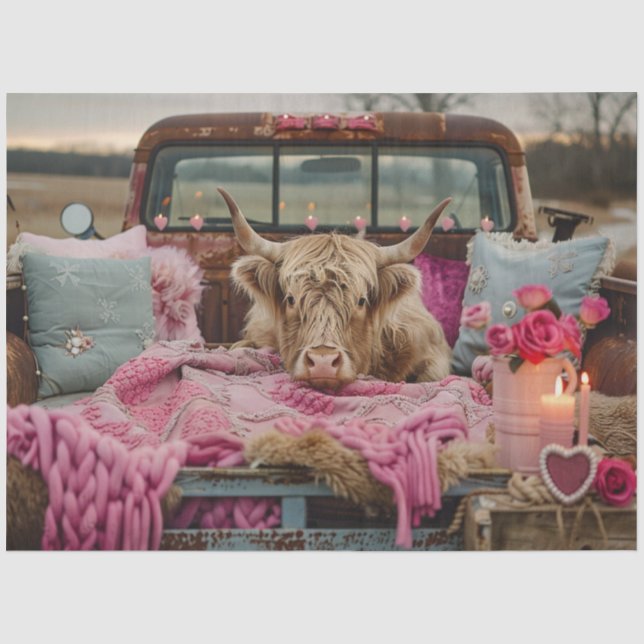 Decoupage Whimsical Highland Cow Valentine Truck Tissue Paper (Front)