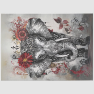 Decoupage Whimsical Intricate Elephant Red Black Tissue Paper