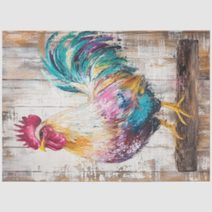 Decoupage Whimsical Oi Painting Rooster Teal Red Tissue Paper