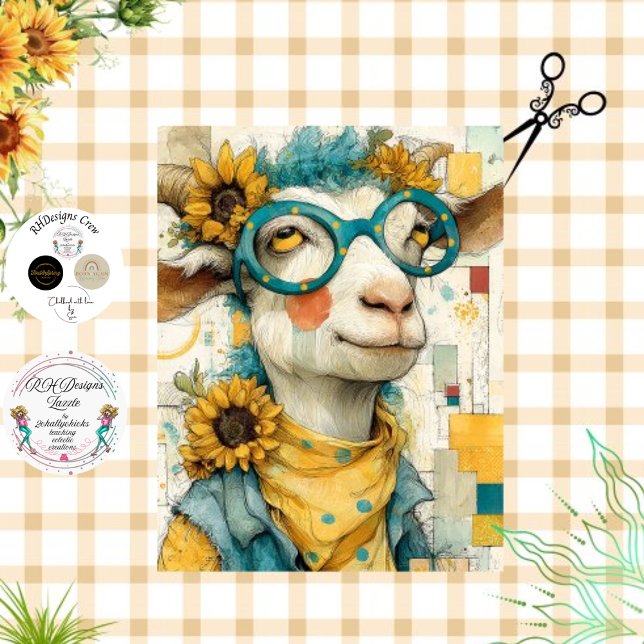 Decoupage Whimsical Patchwork Goat Sunflowers  Tissue Paper (Creator Uploaded)