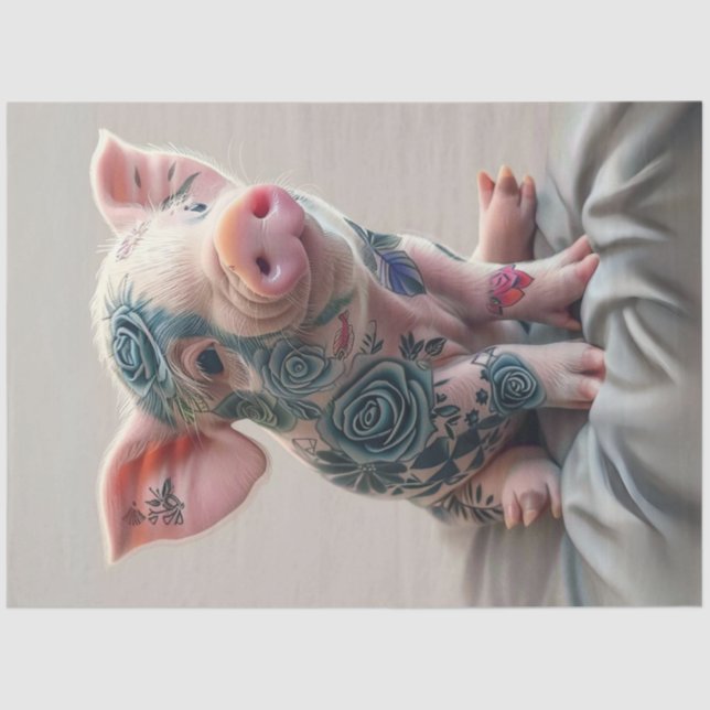 Decoupage Whimsical Piglet Flower Tattoo  Tissue Paper (Front)