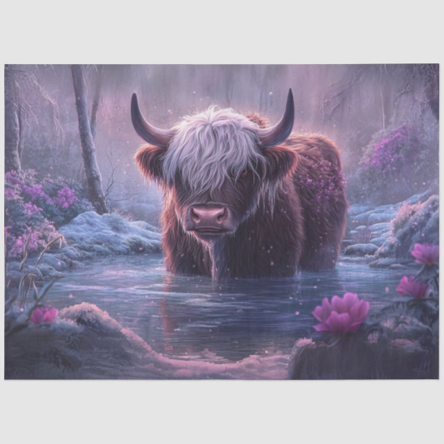 Decoupage Whimsical Pinkish Hue Highland Cow Pond Tissue Paper (Front)