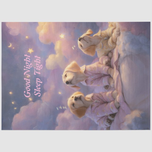 Decoupage Whimsical Pups Going Sleep  Pink Clouds  Tissue Paper (Front)