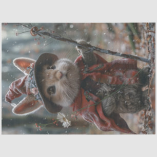 Decoupage Whimsical Rabbit Wearing Clock in Winter Tissue Paper