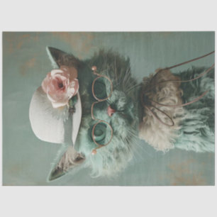 Decoupage Whimsical Sage Green Cat Vintage Hat Tissue Paper