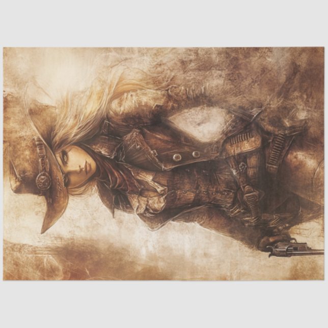 Decoupage Whimsical Sepia Cowgirl Gunslinger Tissue Paper (Front)