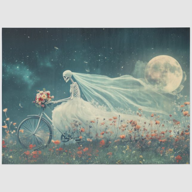 Decoupage Whimsical Skeleton Ride Bike on Wedding  Tissue Paper (Front)