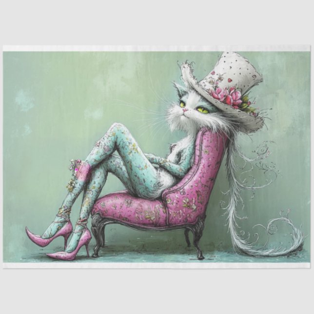 Decoupage Whimsical Sophisticated Feline in Lounge Tissue Paper (Front)