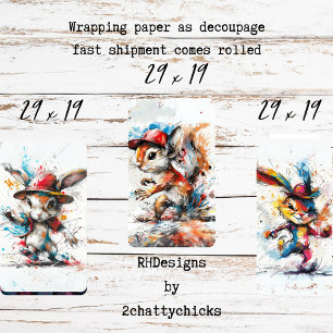 Decoupage Whimsical Splash Painted Rabbit Squirrel Wrapping Paper Sheets