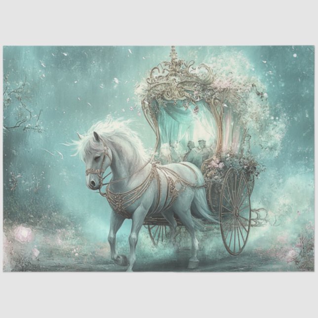 Decoupage Whimsical Teal Fairytale Carriage & Hors Tissue Paper (Front)