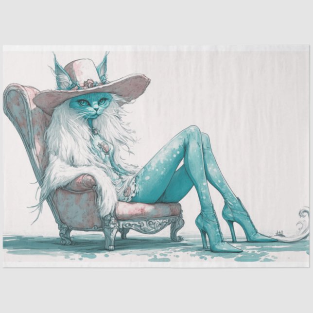 Decoupage Whimsical Teal White Cat in A Chair Tissue Paper (Front)