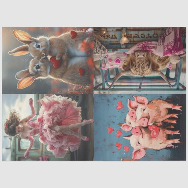 Decoupage Whimsical Valentine Rabbits Pigs Cow Tissue Paper (Front)