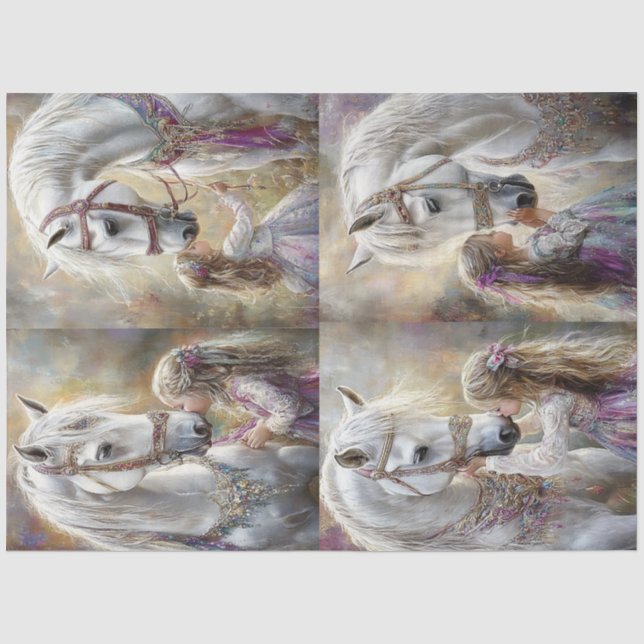 Decoupage Whimsical White Horse Adorned & Girl Tissue Paper (Front)