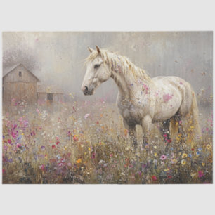 Decoupage Whimsical White Horse Field of Flowers Tissue Paper
