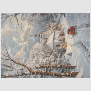 Decoupage Whimsical Winter Church Red Wagon Tissue Paper