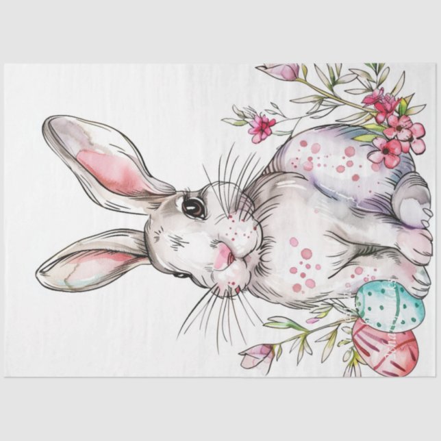 Decoupage White Easter Rabbit Flowers  Tissue Paper (Front)