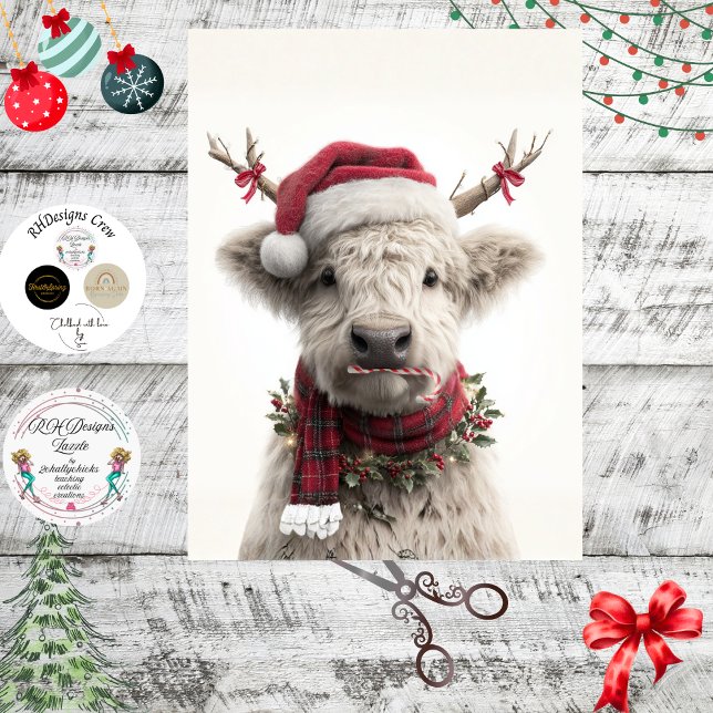 Decoupage White Highland Calf Antlers Candy Cane  Tissue Paper (Creator Uploaded)
