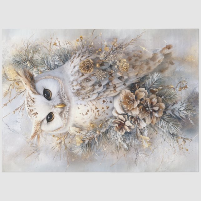 Decoupage White Owl Golden Accents Peaceful  Tissue Paper (Front)