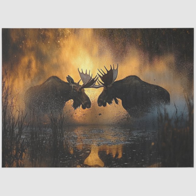 Decoupage Wildlife 2 Moose Fighting Sunset Scene Tissue Paper (Front)