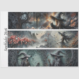 Decoupage Witch Cat Moon Cherry Blossom Handsaw  Tissue Paper