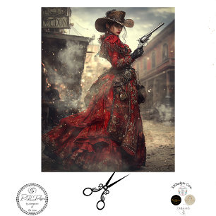 Decoupage Woman Gunslinger Red Ornate Dress  Tissue Paper