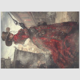 Decoupage Woman Gunslinger Red Ornate Dress Tissue Paper