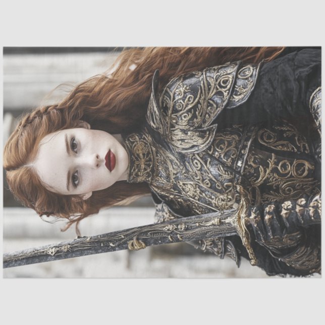 Decoupage Woman Red Hair Intricate Armor Sword Tissue Paper (Front)