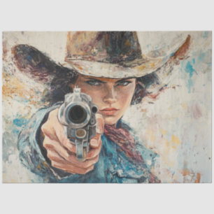 Decoupage Woman Sherriff Pistol Pointed a Robber Tissue Paper