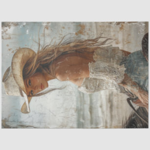 Decoupage Worn Photo of Blonde Cowgirl on Horse Tissue Paper
