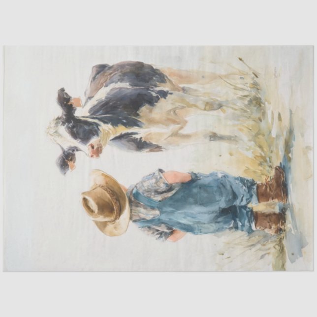Decoupage Young Boy Pet Calf in Field Tissue Paper (Front)