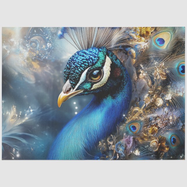 Decoupgae Mystical Peacock in Blue Beige Gold Hues Tissue Paper (Front)