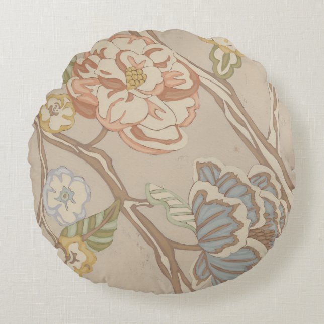 Decrative Organza Chintz Floral Design Round Pillow (Front)