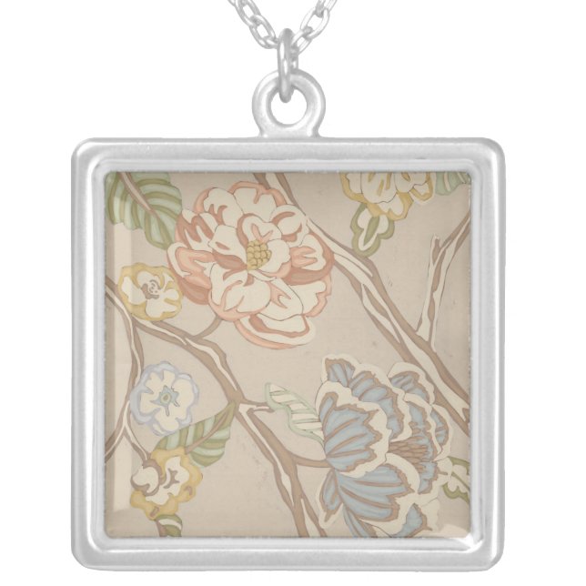 Decrative Organza Chintz Floral Design Silver Plated Necklace (Front)