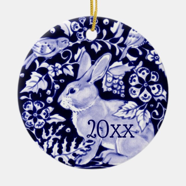 Dedham Blue Rabbit, Classic Blue & White Dated Ceramic Ornament (Front)
