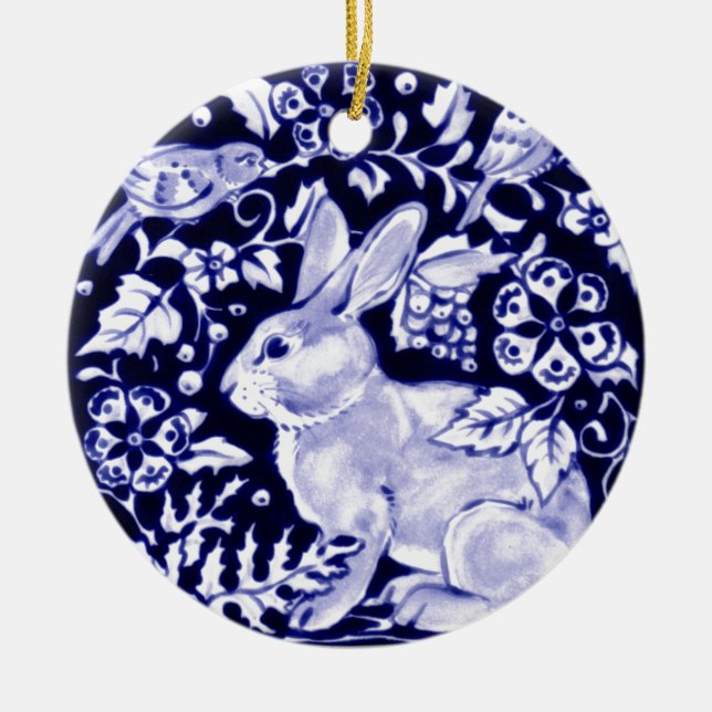Dedham Blue Rabbit, Classic Blue & White Design Ceramic Ornament (Front)