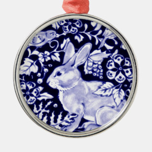 Dedham Blue Rabbit, Classic Blue & White Design Metal Ornament