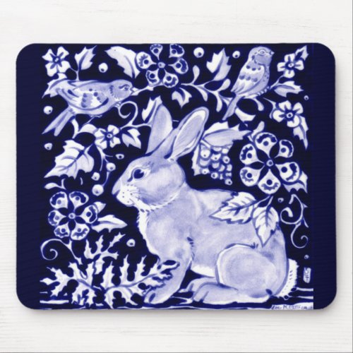 Dedham Blue Rabbit Classic Blue  White Design  Mouse Pad