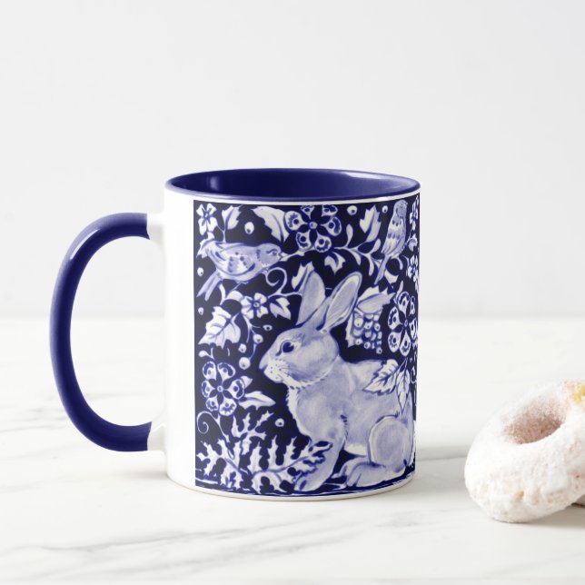 Dedham Blue Rabbit, Classic Blue & White Design Mug (With Donut)