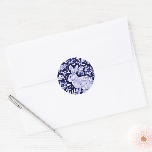 Dedham Blue Rabbit, Classic Blue & White Design Round Sticker (Envelope)