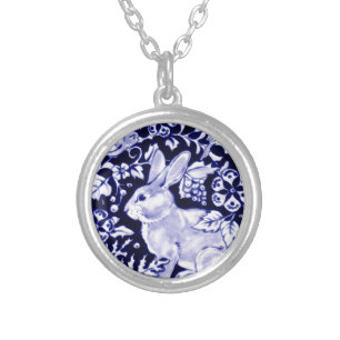Dedham Blue Rabbit, Classic Blue & White Design Silver Plated Necklace
